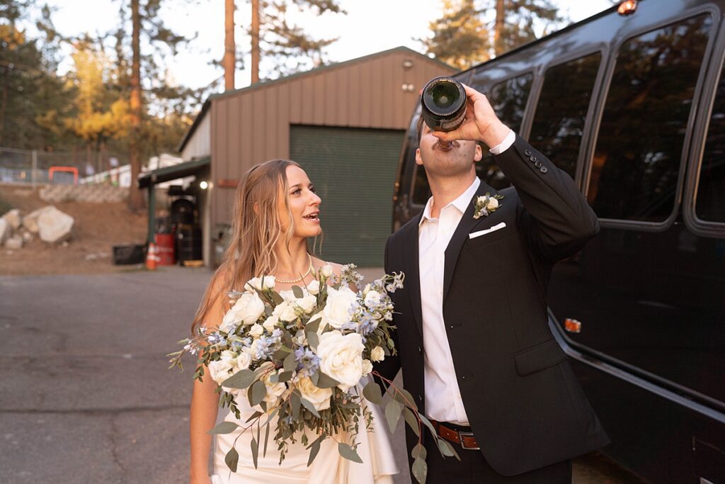bride and groom portraits. champagne celebration. logan schoals elopement. lake tahoe wedding elopement photographer videographer. 4JOY media