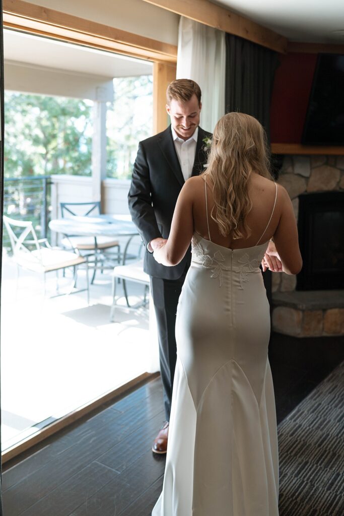 bride and groom first look. lake tahoe wedding elopement photographer videographer. 4JOY media