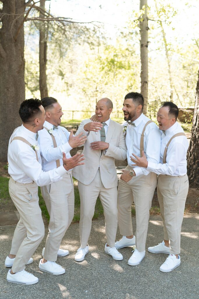 wedding party groomsmen portraits. Plumpjack inn Truckee Palisades Lake Tahoe Wedding photographer videographer
