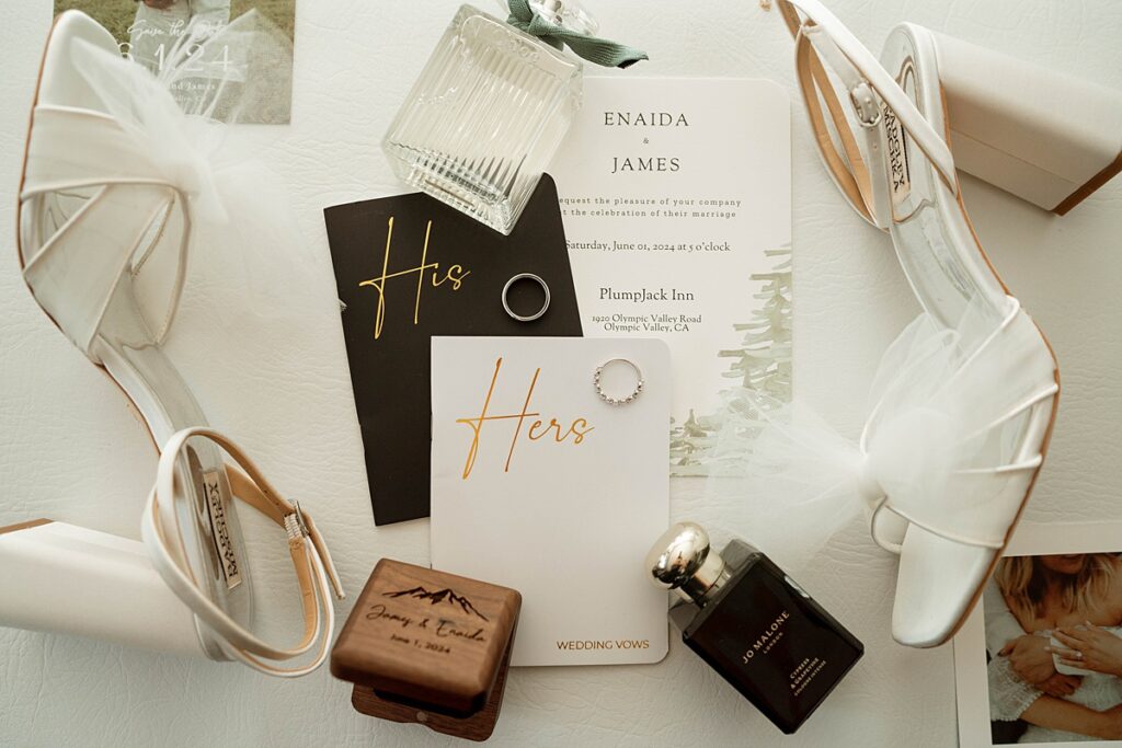 bride's shoes detail photo flat lay. Plumpjack inn Truckee Palisades Lake Tahoe Wedding photographer videographer