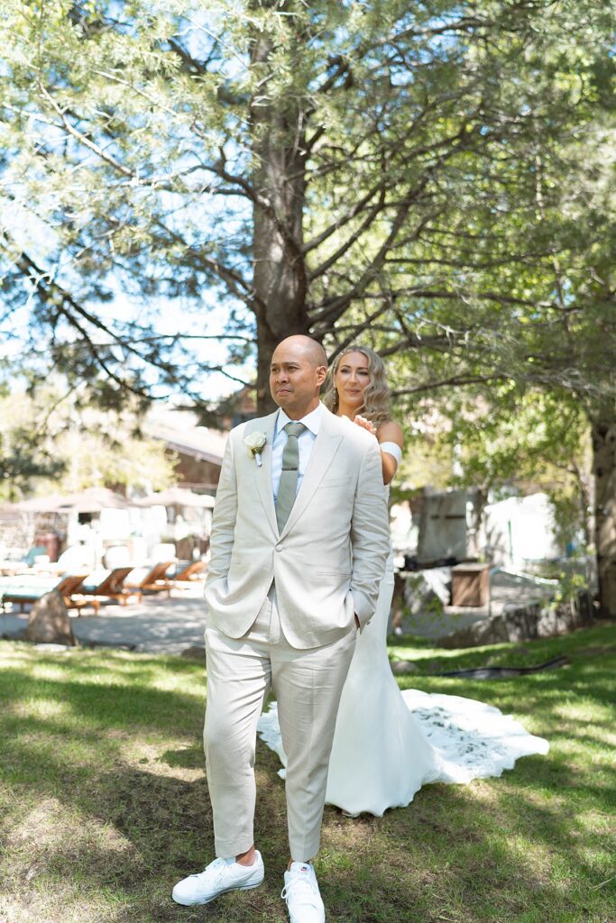 first look. bride and groom. Plumpjack inn Truckee Palisades Lake Tahoe Wedding photographer videographer
