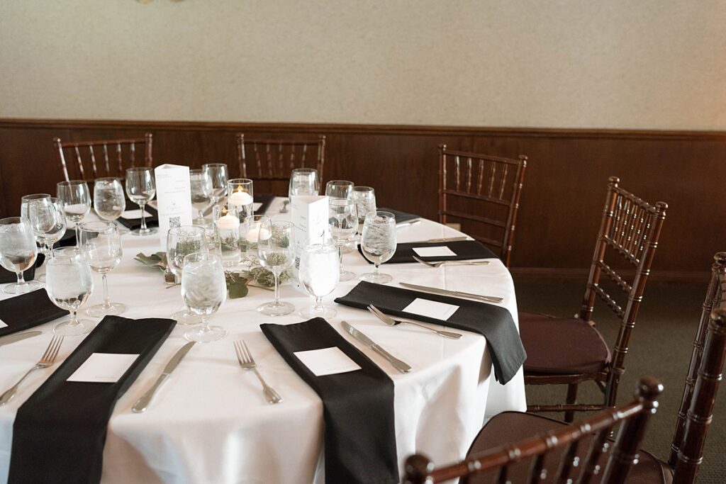 reception table. black and white details. Plumpjack inn Truckee Palisades Lake Tahoe Wedding photographer videographer