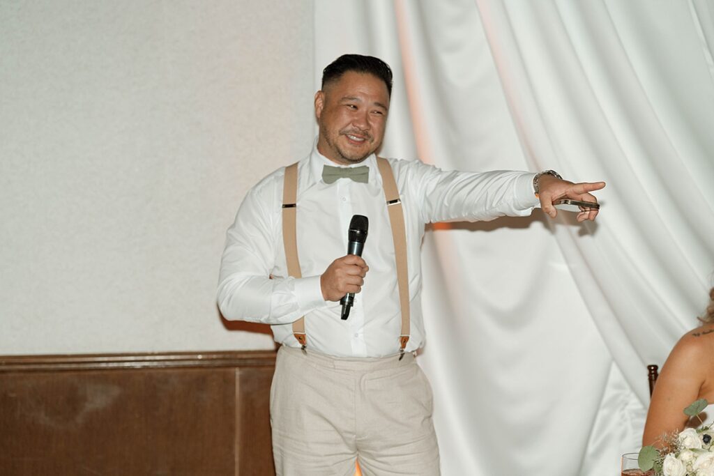 Best man speech at the wedding reception. Plumpjack inn Truckee Palisades Lake Tahoe Wedding photographer videographer