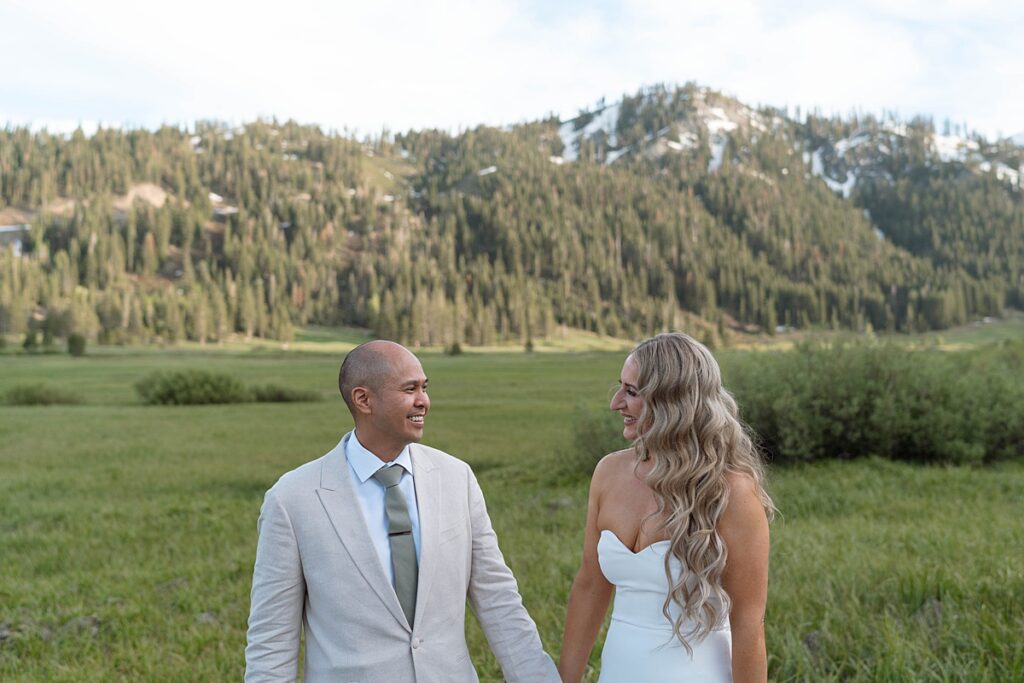 bride and groom portraits. palisades meadows. Plumpjack inn Truckee Palisades Lake Tahoe Wedding photographer videographer