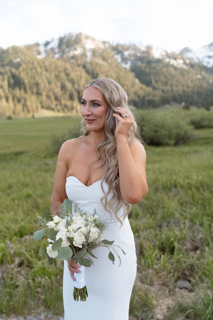bride portrait in the palisades meadows. Plumpjack inn Truckee Palisades Lake Tahoe Wedding photographer videographer
