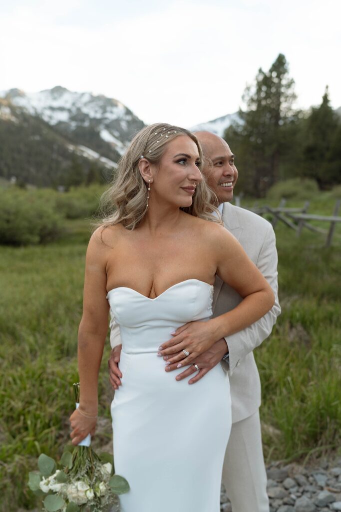 bride and groom portraits. palisades meadows. Plumpjack inn Truckee Palisades Lake Tahoe Wedding photographer videographer