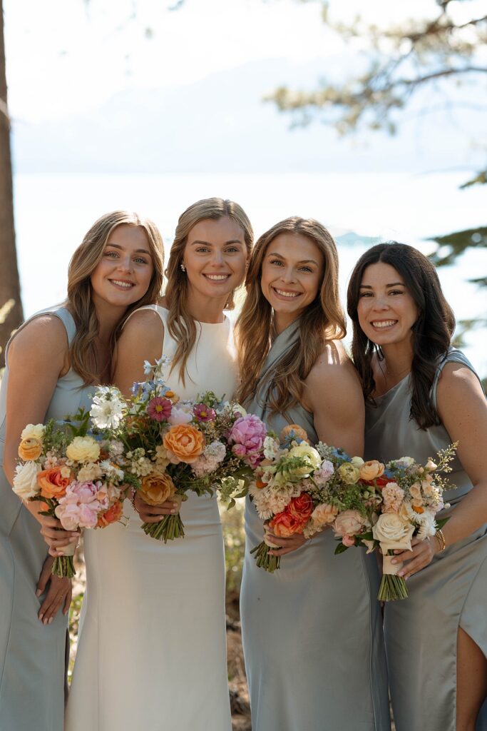 bridesmaids portraits. wedding party. Roundhill Beach Lake Tahoe Elopement Photographer Videographer 4JOY Media