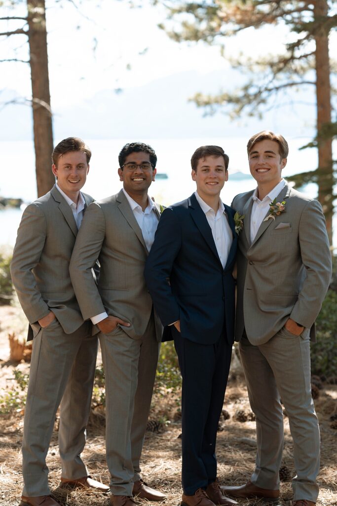 groomsmen portraits. Roundhill Beach Lake Tahoe Elopement Photographer Videographer 4JOY Media