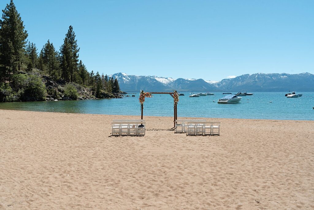 wedding ceremony setup. bride and groom ceremony at round hill lake tahoe resort. Roundhill Beach Lake Tahoe Elopement Photographer Videographer 4JOY Media