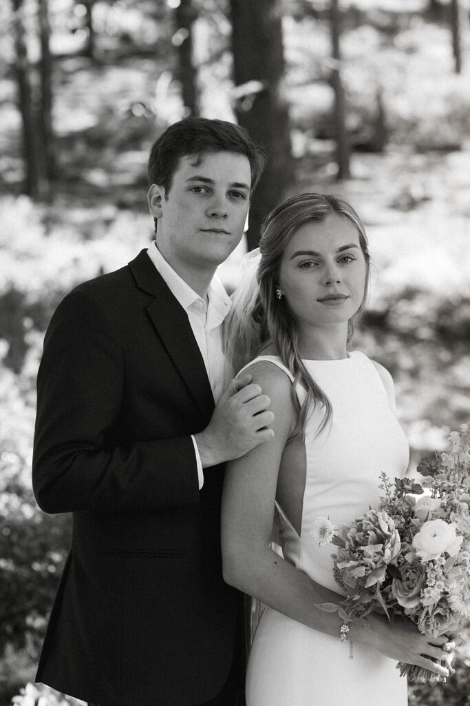 bride and groom portraits. Roundhill Beach Lake Tahoe Elopement Photographer Videographer 4JOY Media