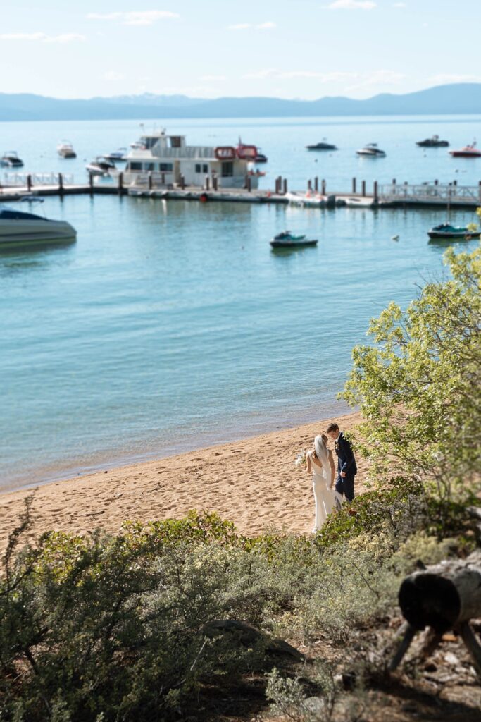 bride and groom portraits. Roundhill Beach Lake Tahoe Elopement Photographer Videographer 4JOY Media