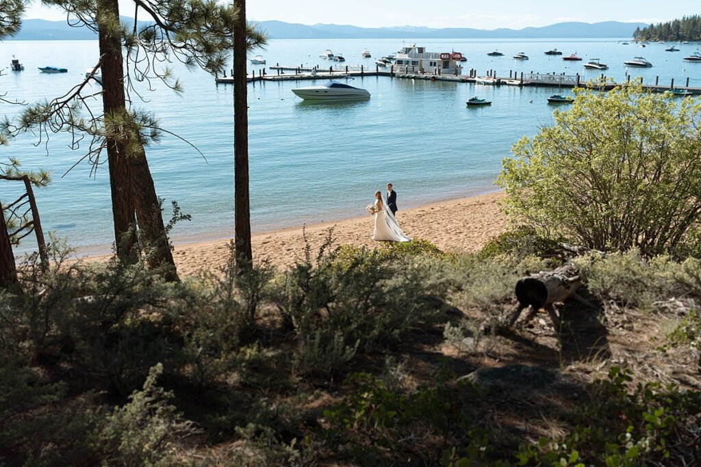 bride and groom portraits. Roundhill Beach Lake Tahoe Elopement Photographer Videographer 4JOY Media