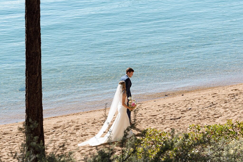 bride and groom portraits. Roundhill Beach Lake Tahoe Elopement Photographer Videographer 4JOY Media