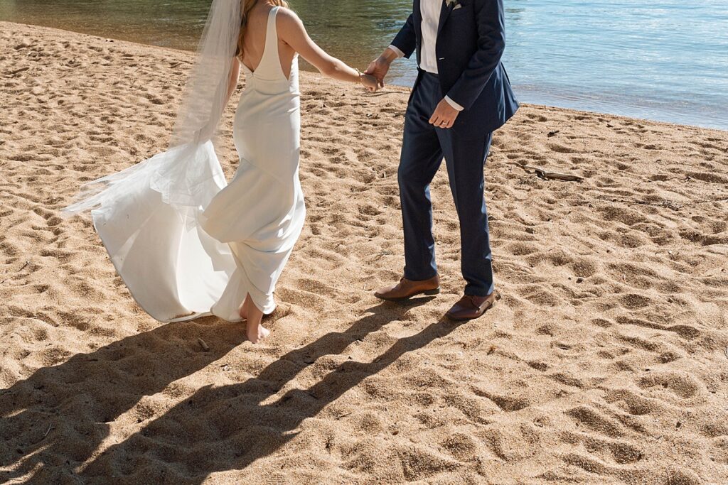 bride and groom portraits. Roundhill Beach Lake Tahoe Elopement Photographer Videographer 4JOY Media