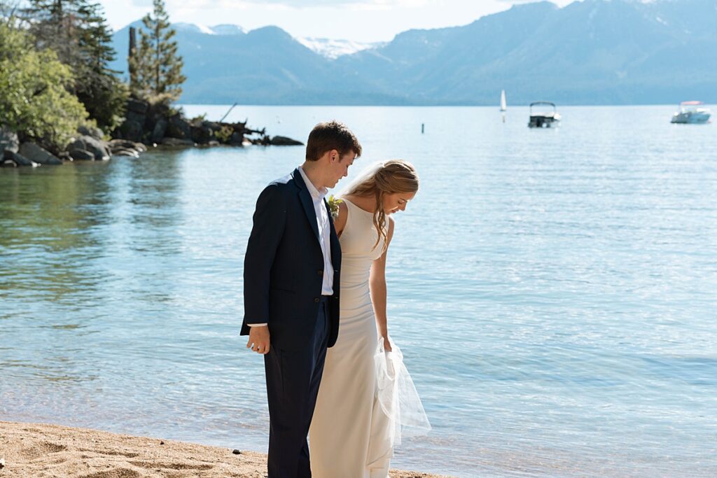 bride and groom portraits. Roundhill Beach Lake Tahoe Elopement Photographer Videographer 4JOY Media