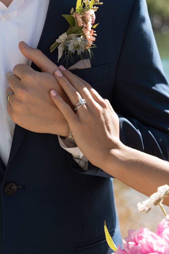 bride and groom portraits. wedding ring photos. Roundhill Beach Lake Tahoe Elopement Photographer Videographer 4JOY Media
