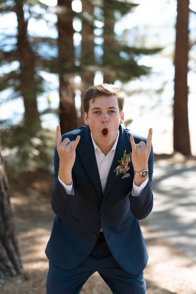groom personality portraits. Roundhill Beach Lake Tahoe Elopement Photographer Videographer 4JOY Media