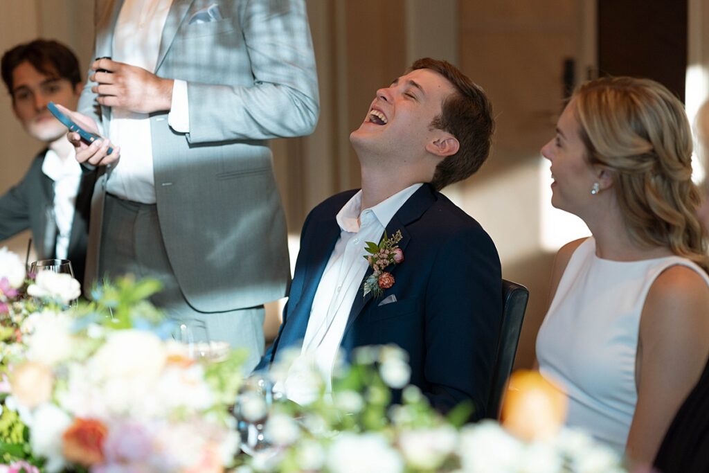 best man speech. groom's reaction. Edgewood Resort Reception Lake Tahoe Elopement Photographer Videographer