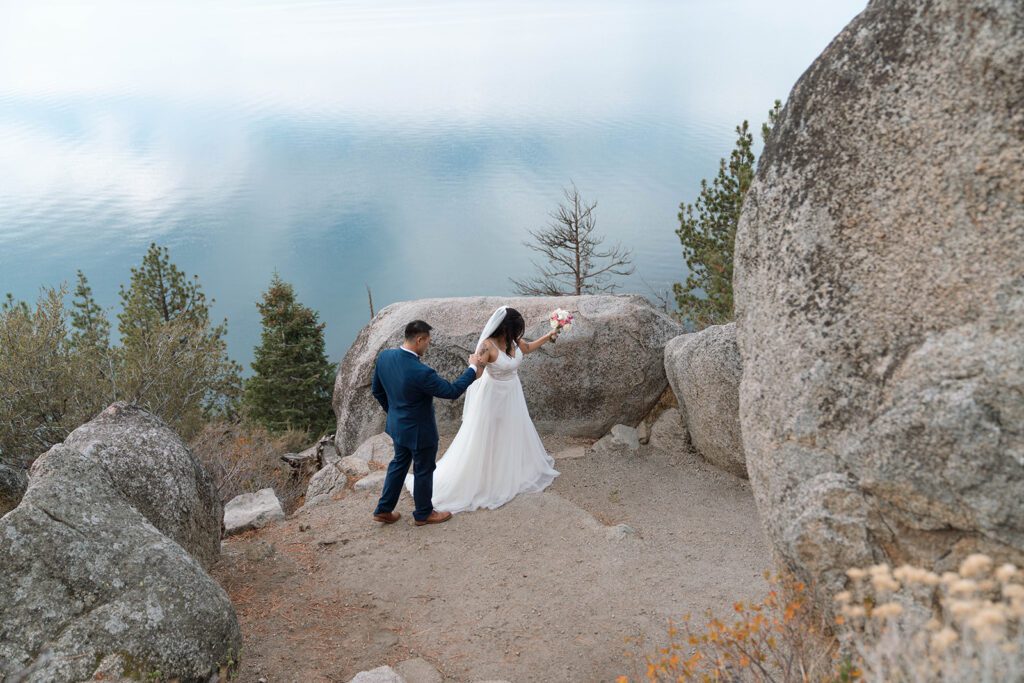 Couple Portraits at Top 5 places to elope in Lake Tahoe--Logan Shoals