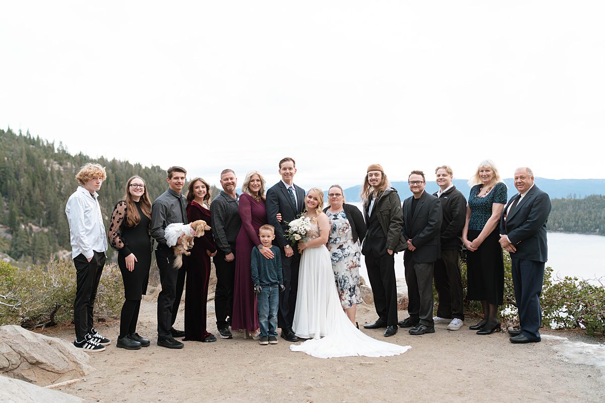 full group photo at the sunrise Elopement ceremony at Emerald Bay captured by Lake Tahoe Wedding Photographer