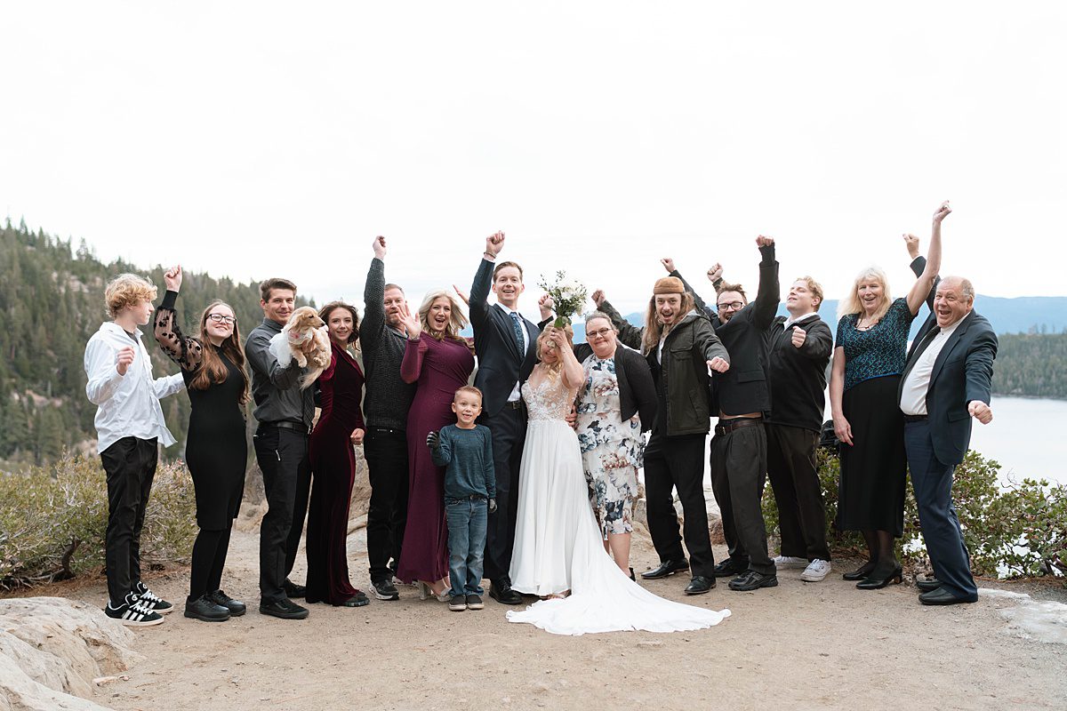 full group photo at Sunrise Elopement ceremony at Emerald Bay captured by Lake Tahoe Wedding Photographer