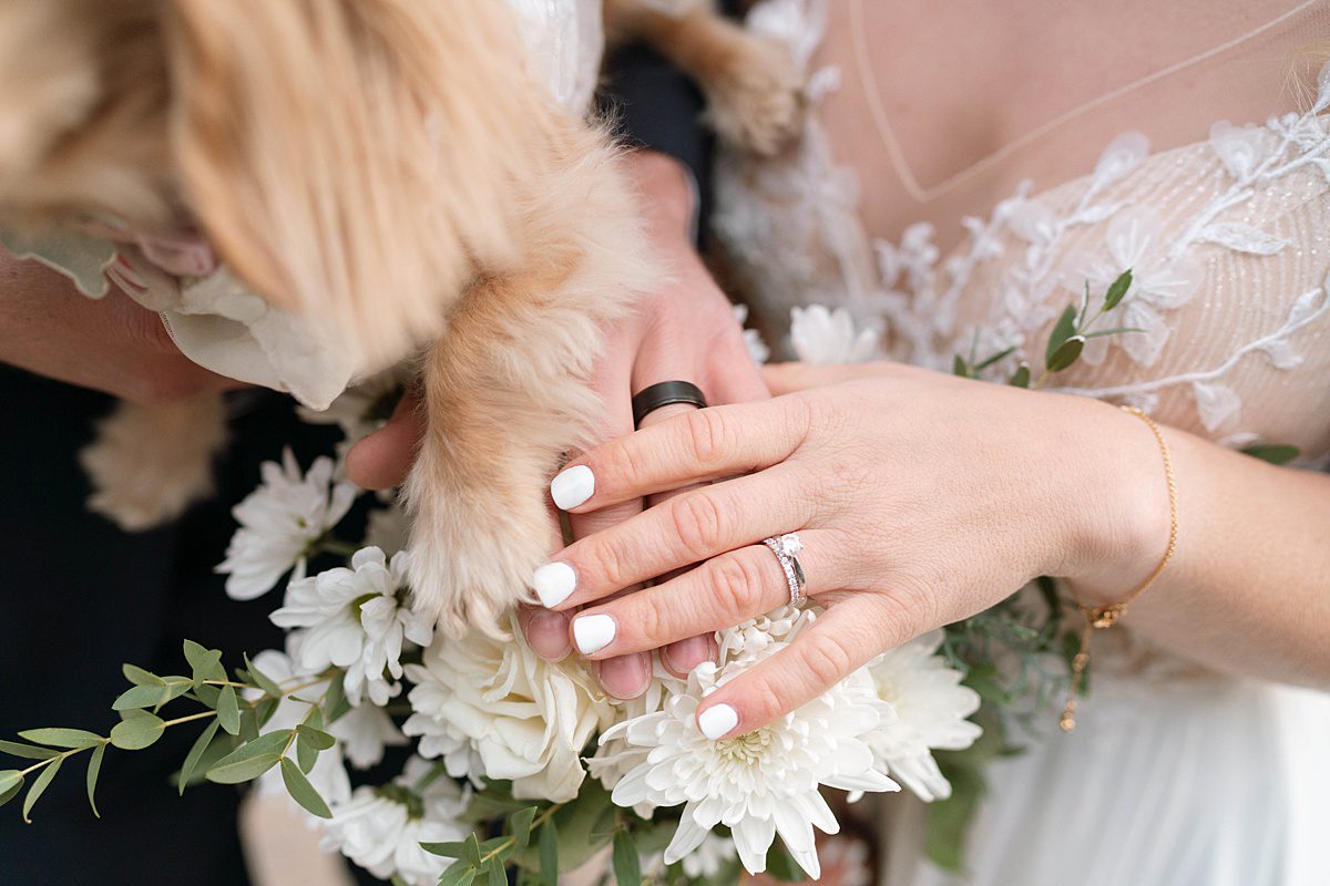 Couple's detail photo holding their puppy and showing their rings. Sunrise Elopement ceremony at Emerald Bay captured by Lake Tahoe Wedding Photographer