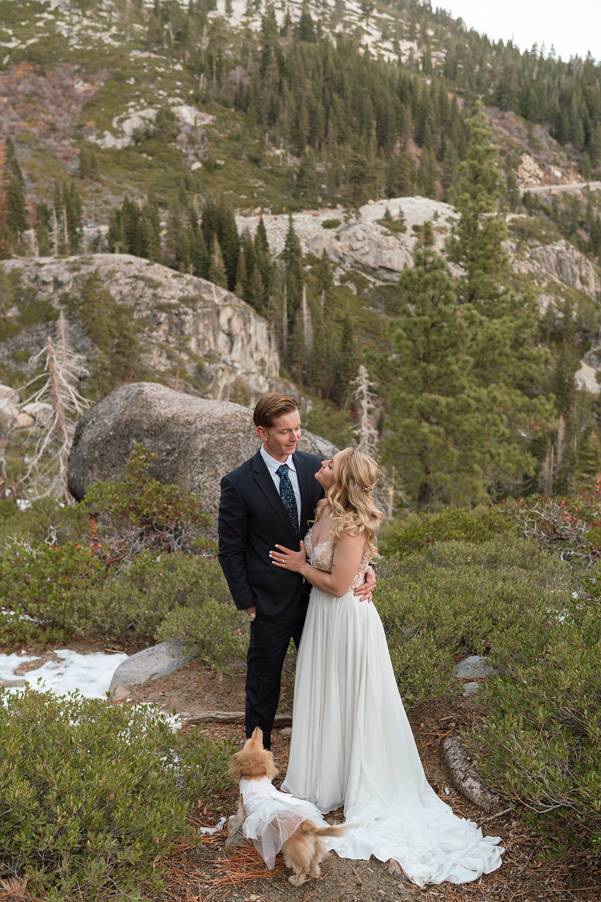 Couple's portrait at Emerald Bay after their ceremony captured by Lake Tahoe Wedding Photographer