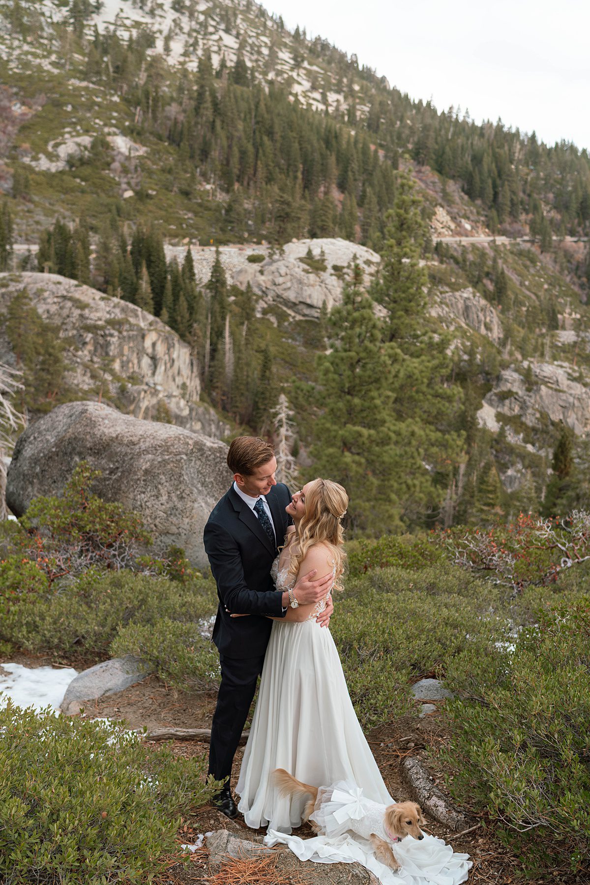 Couple's portrait at Emerald Bay after their ceremony captured by Lake Tahoe Wedding Photographer