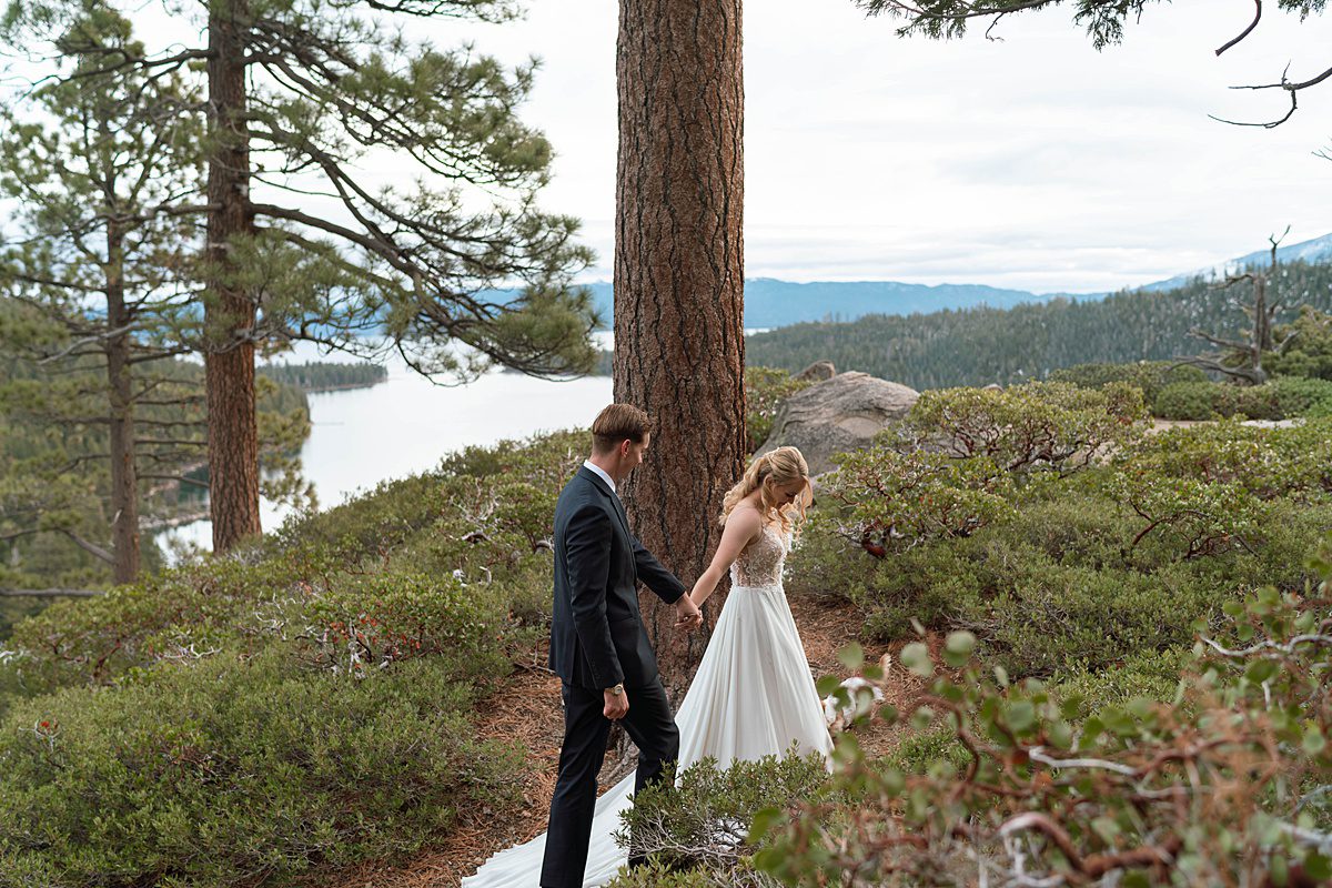 Couple's portrait at Emerald Bay after their ceremony captured by Lake Tahoe Wedding Photographer