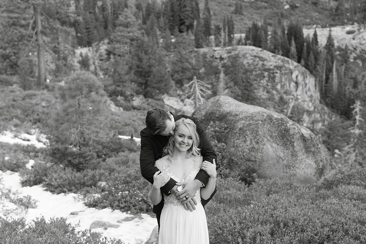 Couple's portrait at Emerald Bay after their ceremony captured by Lake Tahoe Wedding Photographer