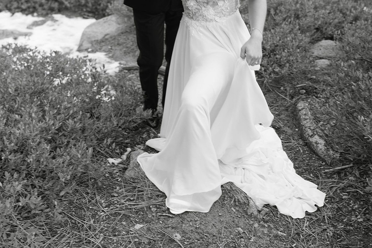 black and white detail photo of married couple at elopement at Emerald Bay captured by Lake Tahoe Wedding photographer