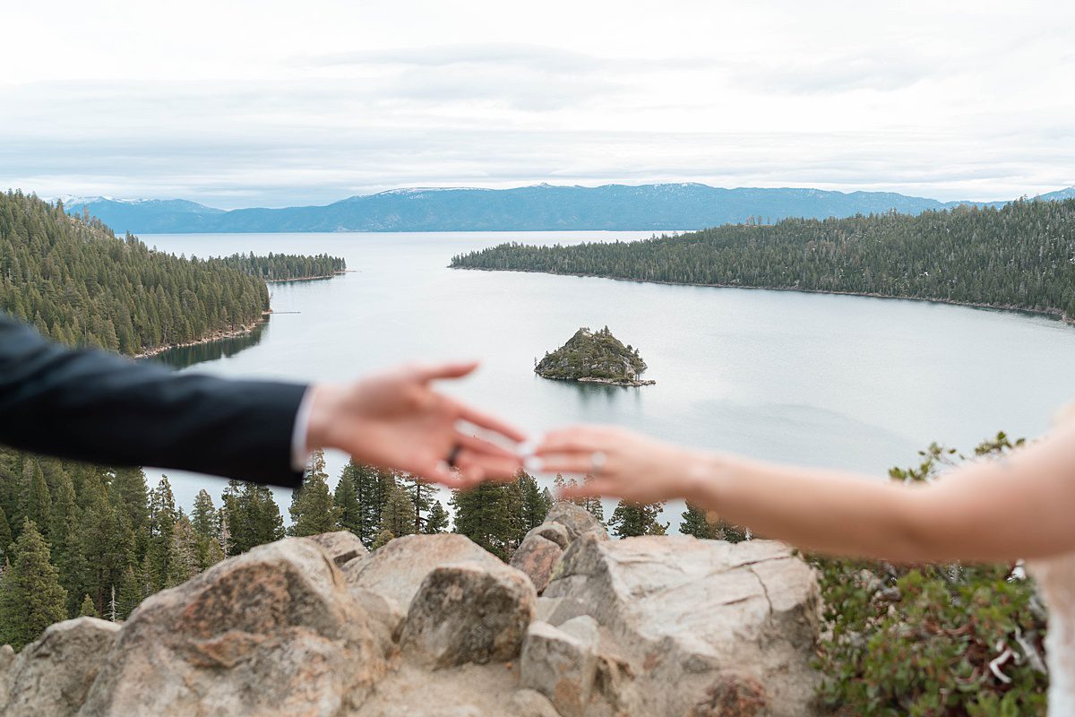 Couple's portrait at Emerald Bay after their ceremony captured by Lake Tahoe Wedding Photographer