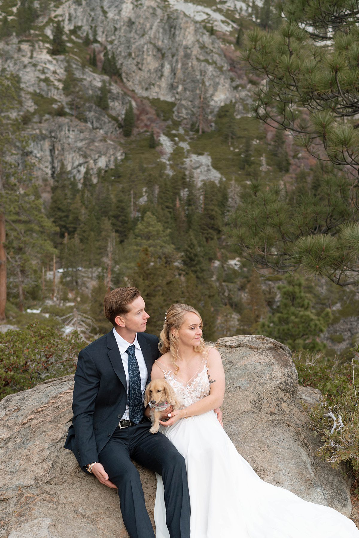 Couple's portrait at Emerald Bay after their ceremony captured by Lake Tahoe Wedding Photographer