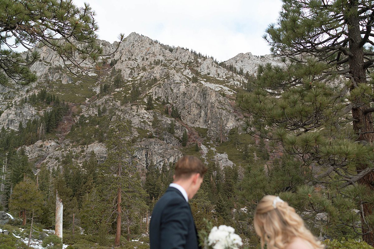 Couple's portrait at Emerald Bay after their ceremony captured by Lake Tahoe Wedding Photographer
