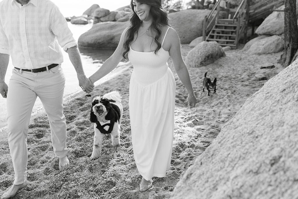 Hidden Beach engagement photos featuring the couple's dogs in Lake Tahoe captured by wedding photographer